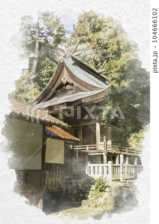 水彩画風　日吉神社　本殿　岡山県吉備中央町 104666102