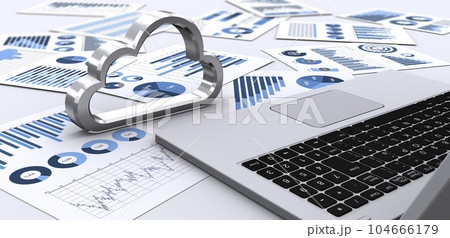 ビジネス資料とクラウドアイコンとノートパソコン、クラウドコンピューティングのコンセプトイメージ ビジネス資料とクラウドアイコンとノートパソコン、クラウドコンピューティングのコンセプトイメージ 104666179