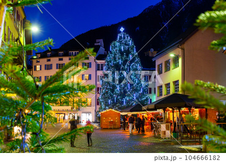 Evening landscape of Christmas city streets in Brig Evening landscape of Christmas city streets in Brig 104666182