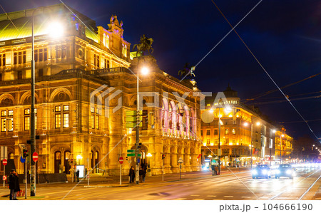 Night view of central avenue of Vienna and State Opera, Austria 104666190