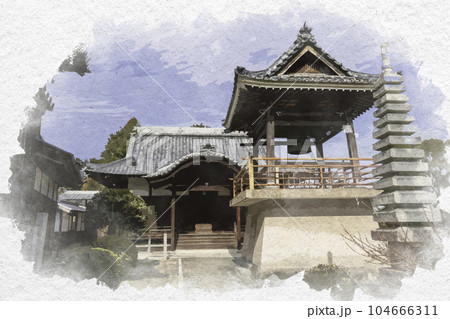 水彩画風　普賢院　歓喜天堂と鐘楼　岡山県岡山市 104666311