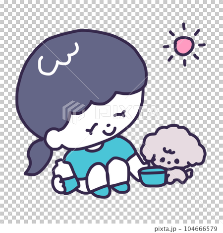 一隻可愛的玩具貴賓犬在戶外從一位年輕女子那裡取水的插圖 104666579