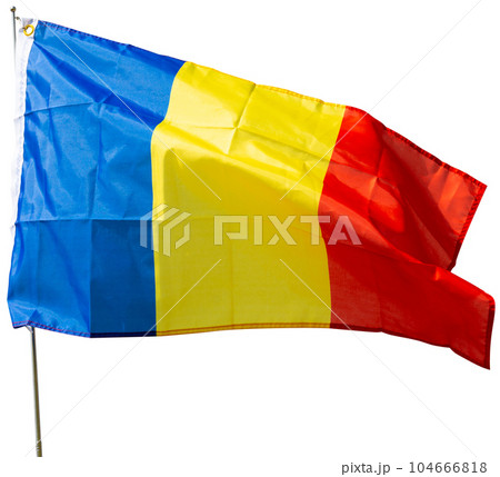 Flag of state of Romania flutters against blue sky 104666818