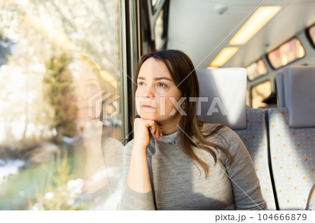 Woman looking at scenery outside window while traveling by train 104666879