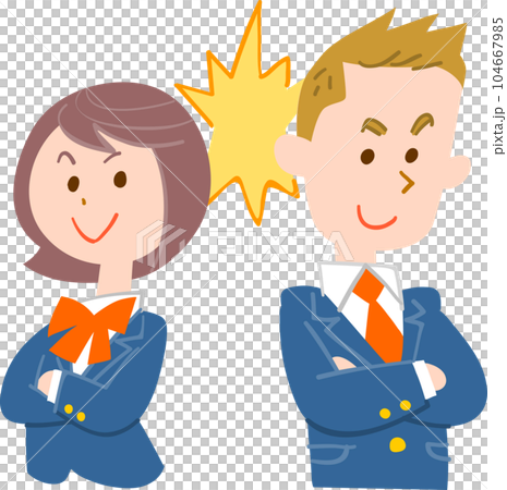 Male and female students looking at each other with folded arms Male and female students looking at each other with folded arms 104667985