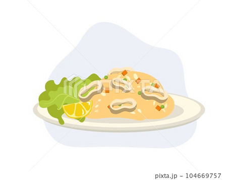 Fried rice with squid or octopus - stir-fried rice with squid, egg . Flat vector cartoon illustration 104669757