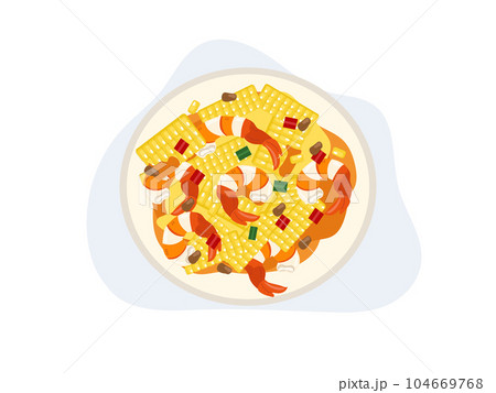 spicy cooked shrimp salad with corn. Thai food, Seafood.  Top view. Flat vector cartoon illustrtion 104669768