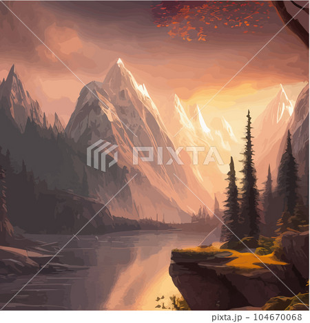 Forest and mountains river landscape vector. Foggy cloudy day vector Forest and mountains river landscape vector. Foggy cloudy day vector 104670068