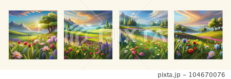 Banner set Field spring wild flowers against backdrop mountains lit by morning 104670076