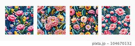 Banner pattern with spring flowers and leaves. Dark drawn background. Floral 104670132