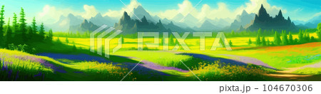 Mountain summer landscape vector illustration, cartoon mountainous natural 104670306