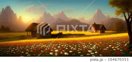 Summer country landscape with a field of flowers and farm and mountains 104670353