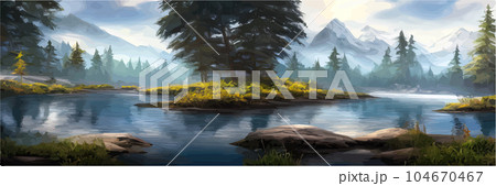 Mountain landscape with stormy river with forest vector illustration. Cartoon flat countryside Mountain landscape with stormy river with forest vector illustration. Cartoon flat countryside 104670467