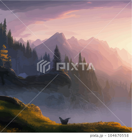 Mountains and lake Landscape. Cartoon rocky mountains, forest and river scene. Mountains and lake Landscape. Cartoon rocky mountains, forest and river scene. 104670558
