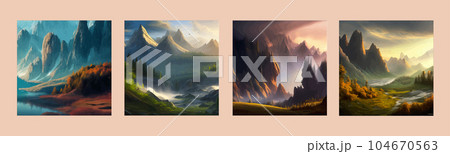 Mountains and lake Landscape. Cartoon rocky mountains, forest and river scene. 104670563