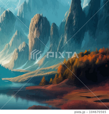 Mountains and lake Landscape. Cartoon rocky mountains, forest and river scene. 104670565