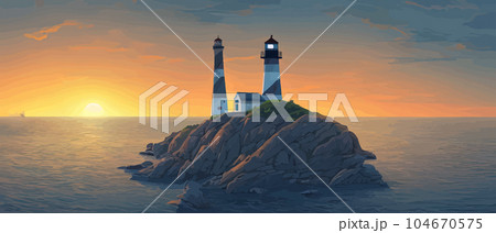 Lighthouse by sea. Tall building on hill and beautiful scenery. 104670575