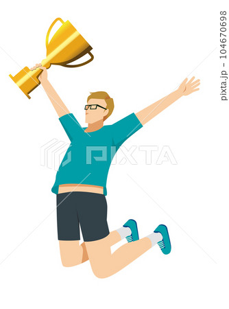 スポーツウェアを着た優勝トロフィーを持つ白人男性がジャンプするフラットイラスト 104670698