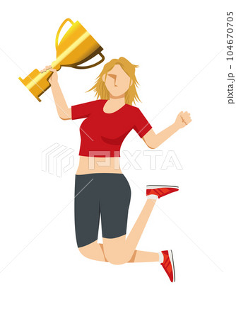 スポーツウェアを着た優勝トロフィーを持つ白人女性がジャンプするフラットイラスト 104670705