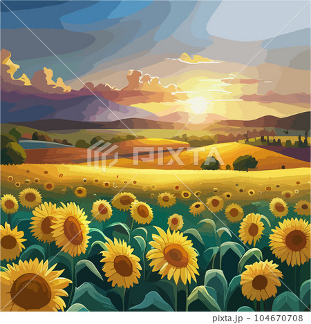 Vector illustration sunflower flower sunset rural landscape with golden 104670708