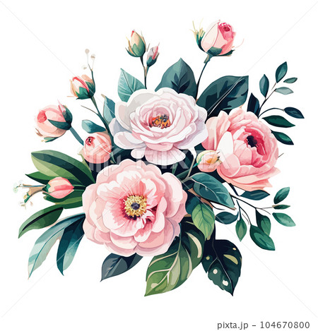 Spring floral bouquet watercolor flowers pink roses, vector Illustration. Spring floral bouquet watercolor flowers pink roses, vector Illustration. 104670800