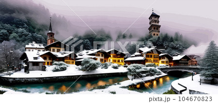 Old historical fictional design stone bridge across the river with old town 104670823