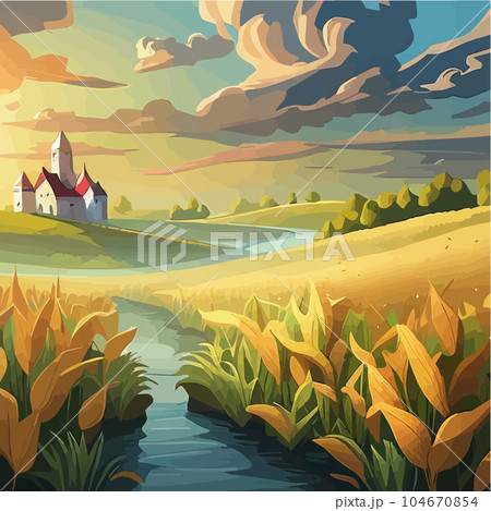 Cornfield landscape Vector illustration cartoon landscape with tall corn stems 104670854