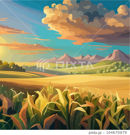 Cornfield landscape Vector illustration cartoon landscape with tall corn stems 104670879