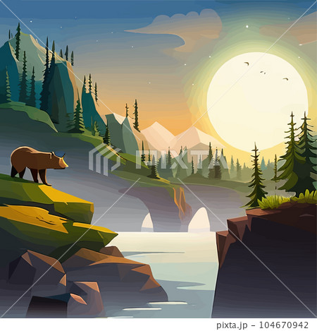 Vector illustration brown bear standing by a river in forest with mountains 104670942