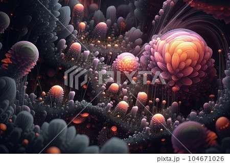 Abstract 3D background futuristic artificial flower and balls surrounded by lines AI Abstract 3D background futuristic artificial flower and balls surrounded by lines AI 104671026