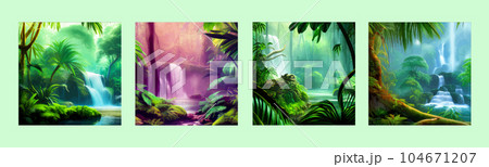 Jungle waterfall vector illustration. Fantasy mystical fauna. Tropical forest 104671207