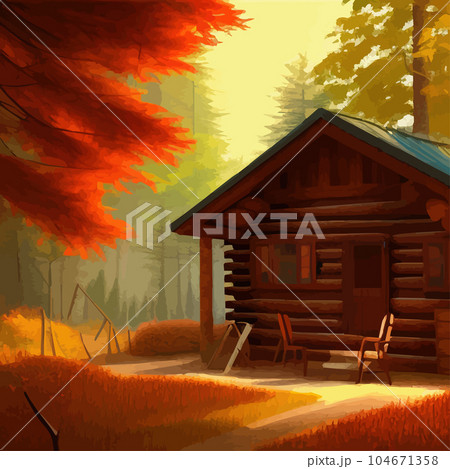 Old wooden hut in autumn forest. In bright orange colors autumn. To protect Old wooden hut in autumn forest. In bright orange colors autumn. To protect 104671358