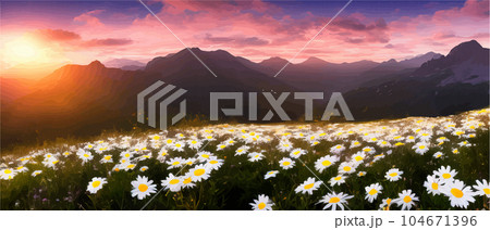 Vector illustration white chamomile flowers and grass on hills, against 104671396