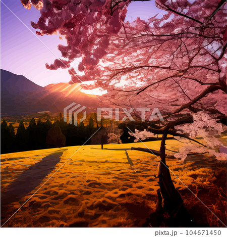Tree pink sakura flowers, flowering branches against backdrop mountain sky 104671450