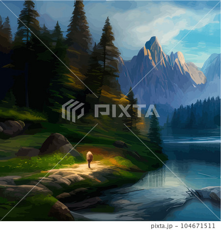 Mountains and lake Landscape. Cartoon rocky mountains, forest and river scene. Mountains and lake Landscape. Cartoon rocky mountains, forest and river scene. 104671511