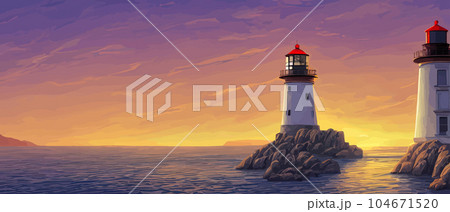 Lighthouse by sea. Tall building on hill and beautiful scenery. 104671520
