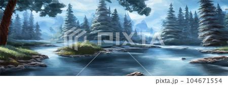 Mountain landscape with stormy river with forest vector illustration. Cartoon flat countryside 104671554