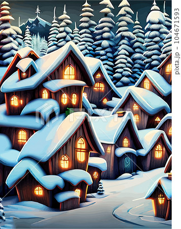 Merry Christmas and Happy New Year. Winter forest, city street with houses 104671593