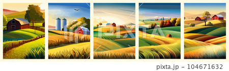 Agriculture, nature farming. Harvest, field, trees empty vector illustration set five vertical posters. Farms poster. Agriculture, nature farming. Harvest, field, trees empty vector illustration set five vertical posters. Farms poster. 104671632