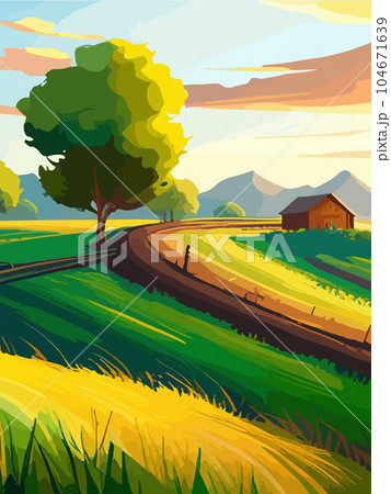 Agriculture, nature and farming. Harvest, field, trees and blank vertical poster vector illustration. Farms for poster Agriculture, nature and farming. Harvest, field, trees and blank vertical poster vector illustration. Farms for poster 104671639