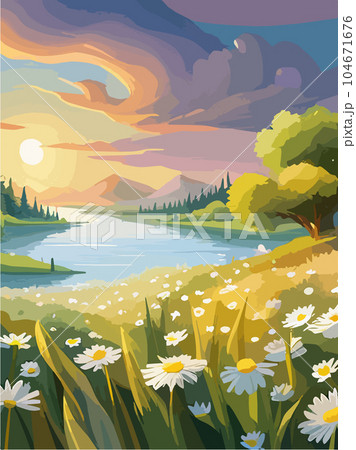 Spring landscape field white daisies blue sky and cloud in Sunny day, Panorama 104671676