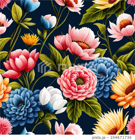 Colorful flower and leaf pattern. Vector illustration. Dark background. Perfect Colorful flower and leaf pattern. Vector illustration. Dark background. Perfect 104671736