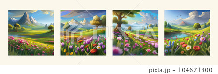 Banner set Field spring wild flowers against backdrop mountains lit by morning Banner set Field spring wild flowers against backdrop mountains lit by morning 104671800