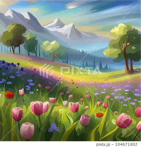 Picturesque meadow with wildflowers in bloom and mountain range in background Picturesque meadow with wildflowers in bloom and mountain range in background 104671802