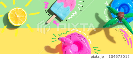 Summer concept with a flamingo float, lemon sunlight and a popsicle 104672013