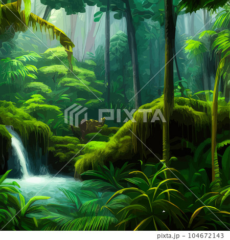 Tropical forest. Landscape with waterfall and river with tree trunks and green 104672143