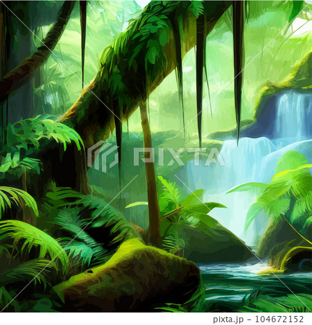Tropical forest. Landscape with waterfall and river with tree trunks and green 104672152