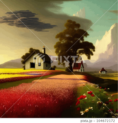 Landscape with house and flowery red fields against backdrop mountains. Vector 104672172