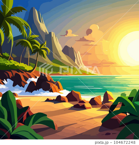 sunset in the mountains beautiful island caribbean palms sea ocean vector illustration sunset in the mountains beautiful island caribbean palms sea ocean vector illustration 104672248