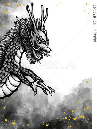 墨と薄墨のこちらを見て笑う手描きの龍のカード-左縦型のイラスト素材